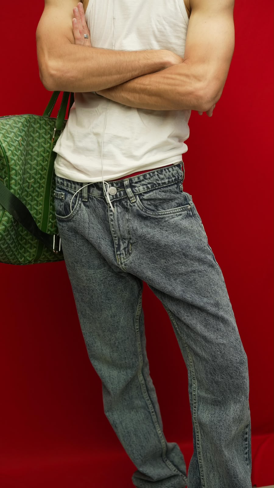 Campaign — acid-wash denim, red studio