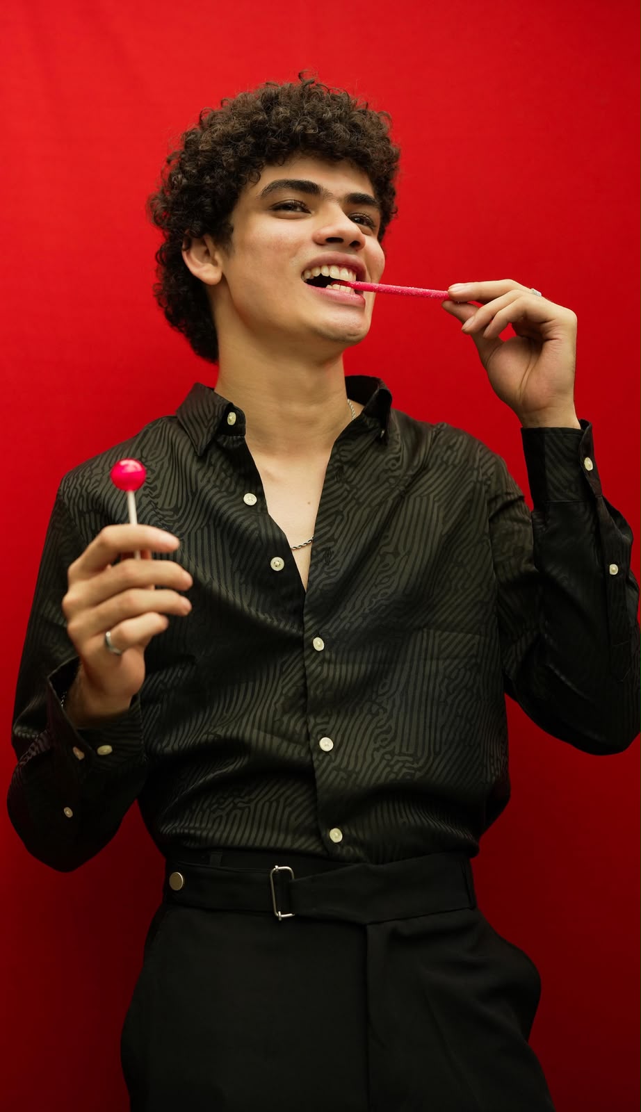 Campaign — black jacquard shirt, red studio